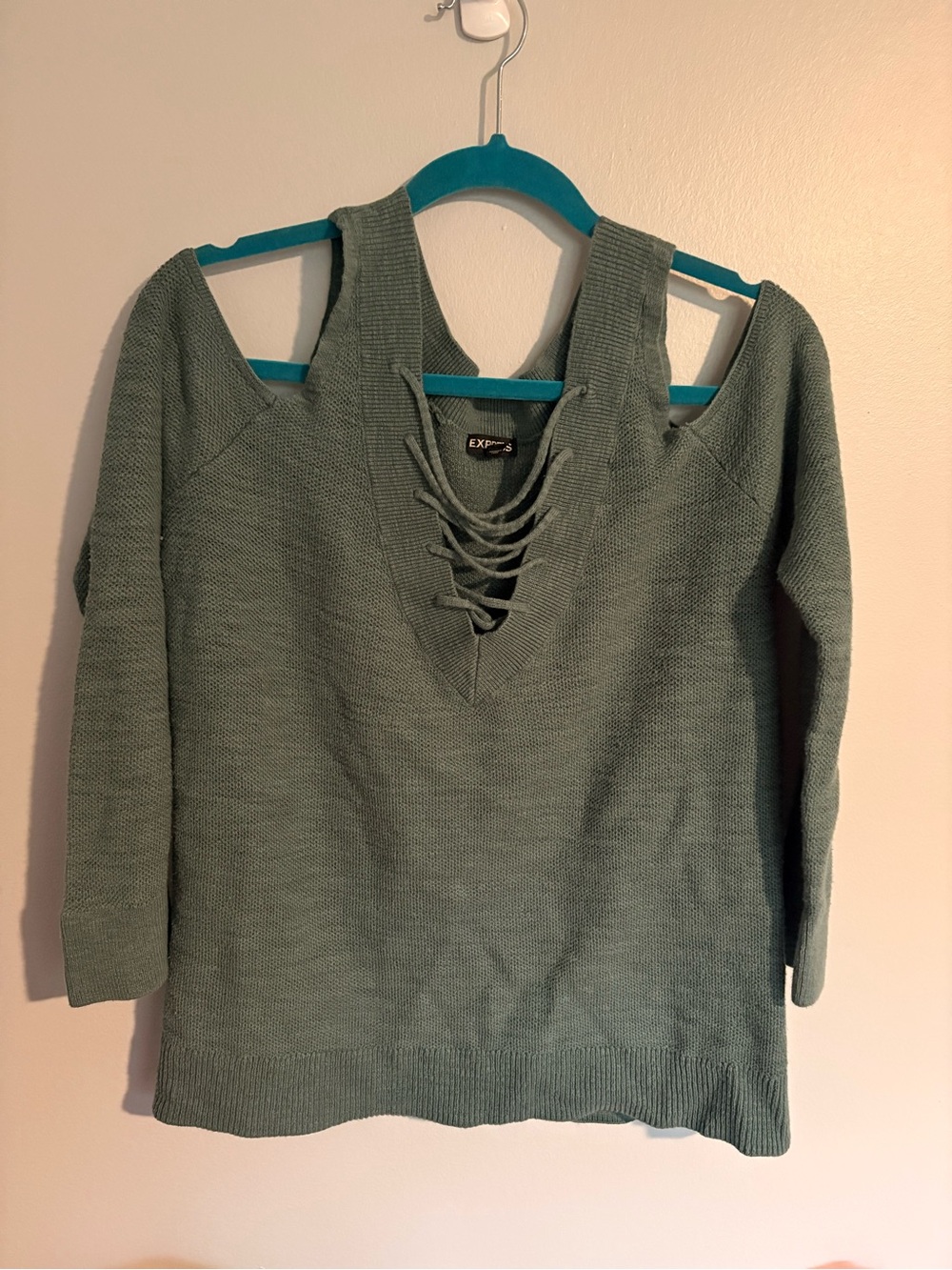 Express V-Neck Lace-Up Cold Shoulder Sweater in Sage Green